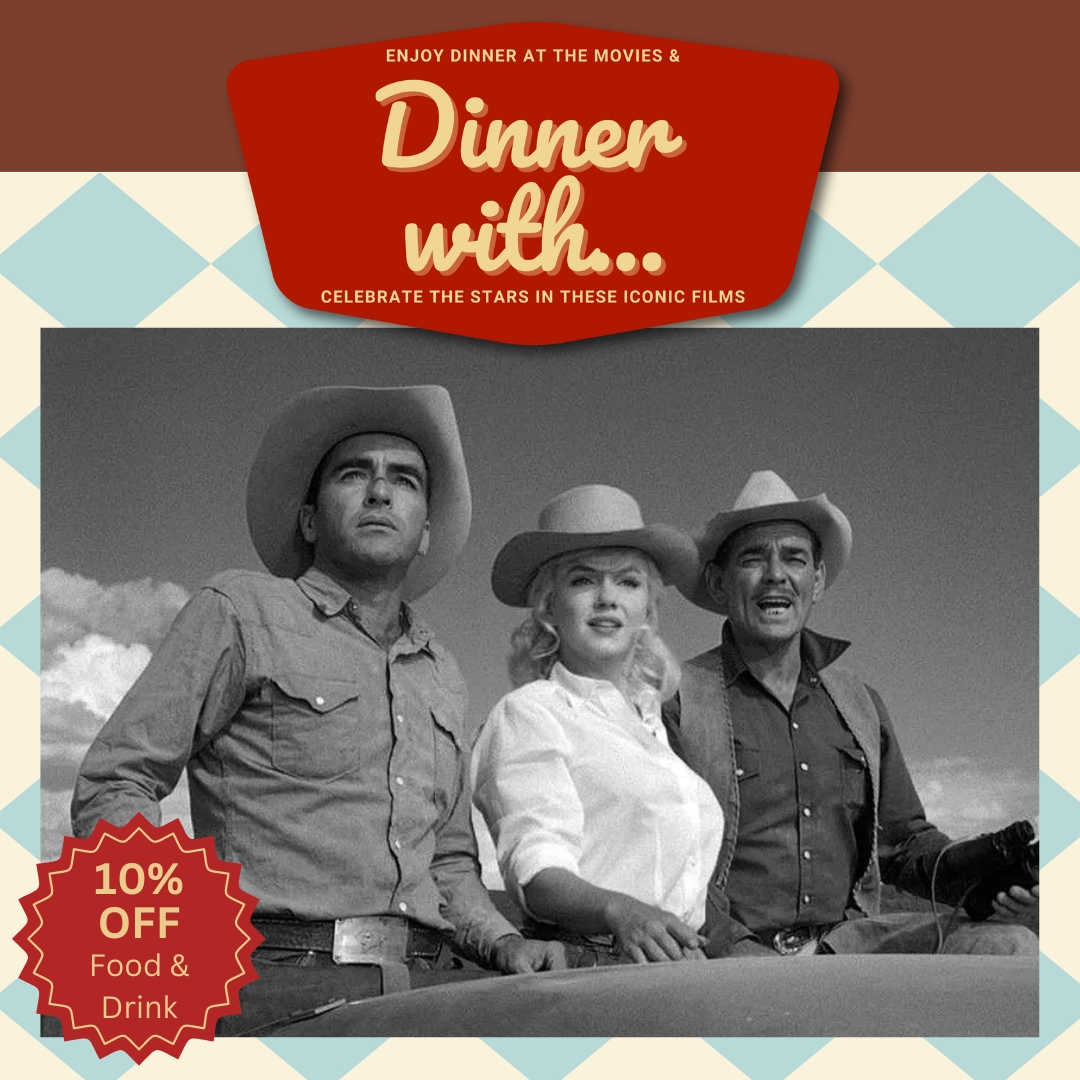 Manville12's tweet photo. Marilyn Monroe and Clark Gable deliver career-best performances in Arthur Miller's THE MISFITS. See it on the big screen as our #DinnerWith series continues March 25 + enjoy 10% OFF Food & Drink while you’re here! https://t.co/4hmA8B6jSk https://t.co/hgkgXEWn9A