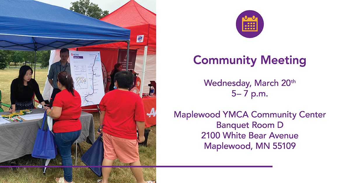 Join us Wednesday evening in <a href="/MaplewoodMN/">City of Maplewood</a> to learn about opportunities and impacts the White Bear Ave design options could have for residents and businesses. Come by any time to ask questions and provide feedback to project staff. Details: metrotransit.org/purple-line-pu… #BRTaFasterRide