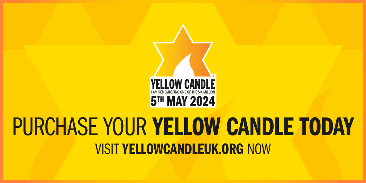 Be part of the community-wide commemoration marking Yom HaShoah by lighting your Yellow Candle on Sunday 5th May 2024. Purchase your Yellow Candle now at yellowcandleuk.org