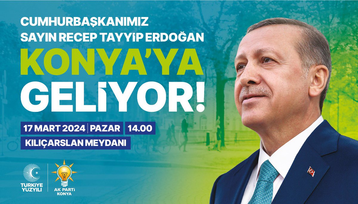 Şehrimiz tarihi bir güne daha şahitlik edecek. 

Cumhurbaşkanımız Sayın Recep Tayyip Erdoğan Konya’mıza geliyor. 

17 Mart Pazar günü saat 14.00’te Kılıçarslan Meydanı’nda buluşuyoruz. 

Tüm hemşehrilerimizi bu büyük buluşmaya davet ediyorum.