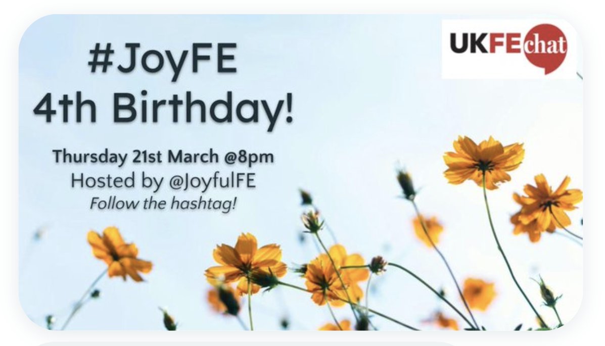 UKFEchat (@theukfechat) on Twitter photo Only 1 week to go until the March #ukfechat hosted by the amazing <a href="/JoyfulFE/">#JoyFE💛 Collective</a> team in celebration of their 4th birthday.
Follow the # at 8pm next Thursday and expect, well, joy, obviously!
#loveFE #AmplifyFE Only 1 week to go until the March #ukfechat hosted by the amazing <a href="/JoyfulFE/">#JoyFE💛 Collective</a> team in celebration of their 4th birthday.
Follow the # at 8pm next Thursday and expect, well, joy, obviously!
#loveFE #AmplifyFE