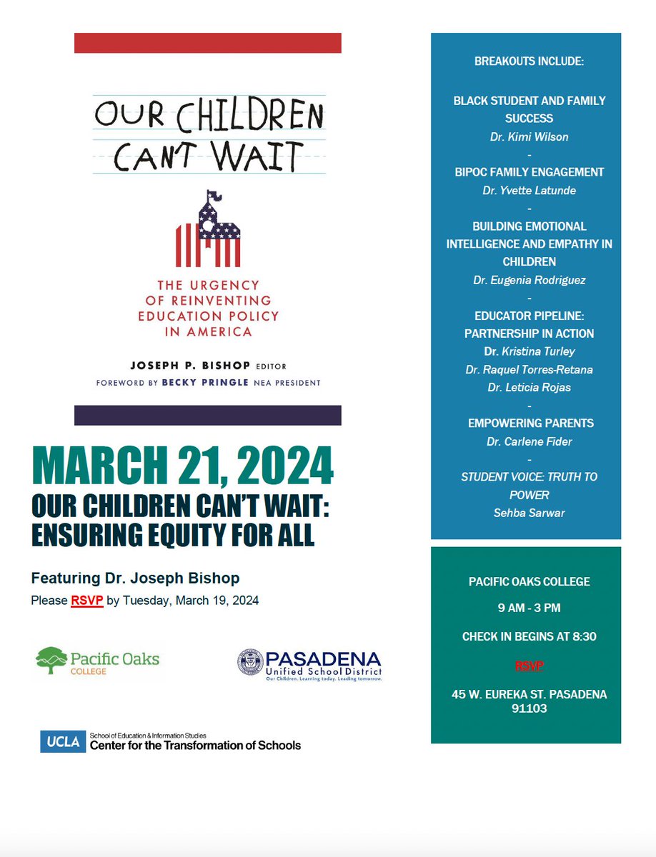 Looking forward to bringing #ourchildrencantwait to <a href="/pacificoaks/">Pacific Oaks College</a> &amp; <a href="/PasadenaUnified/">Pasadena Unified School District</a> faculty and staff next week on 3/21. TY <a href="/jerell_hill/">Jerell Hill</a> for the generous invite!  <a href="/ctschoolsucla/">UCLA Center for the Transformation of Schools</a> <a href="/TCPress/">Teachers College Press</a>