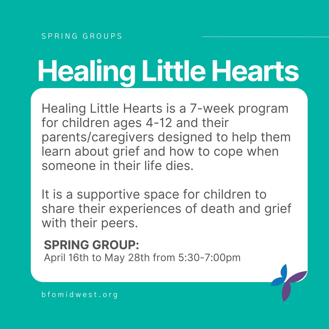 We have openings in our spring Healing LIttle Hearts program. Children will learn about feelings, practice healthy ways of expressing emotions, share memories of the person who died and develop a sense of community among grieving peers. 

Register: bfomidwest.org/what-we-do/gri…
