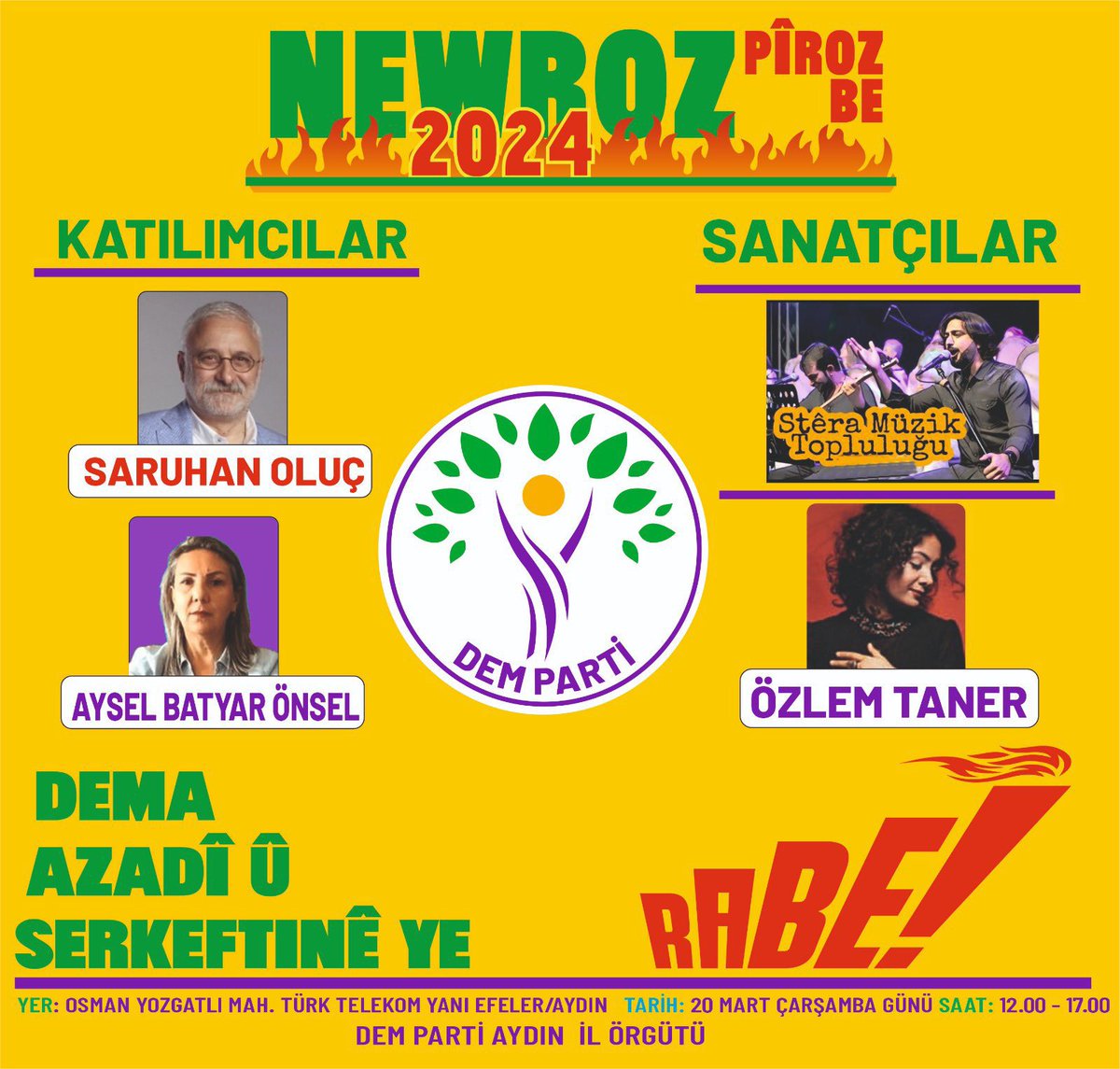 Steraerbane's tweet photo. 20 Mart’ta Aydın Newrozu’ndayız

#Newroz2024
#NewrozPirozBe 
#RabeNewrozHat https://t.co/m6a2QRTdLf