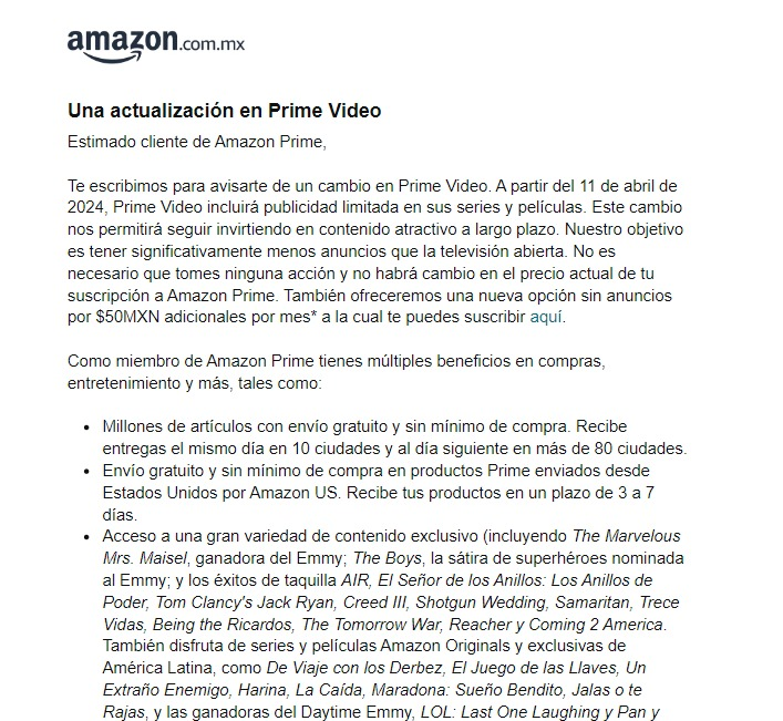 Messant's tweet image. #PrimeVideo ahora cobrará un extra por no recibir anuncios. Me encantaría saber la opinión de @Profeco si esto es valido o debieron haber lanzado un paquete diferente con anuncios. Este será mi ultimo año, al fin ya casi no compro nada en Amazon @PrimeVideoMX