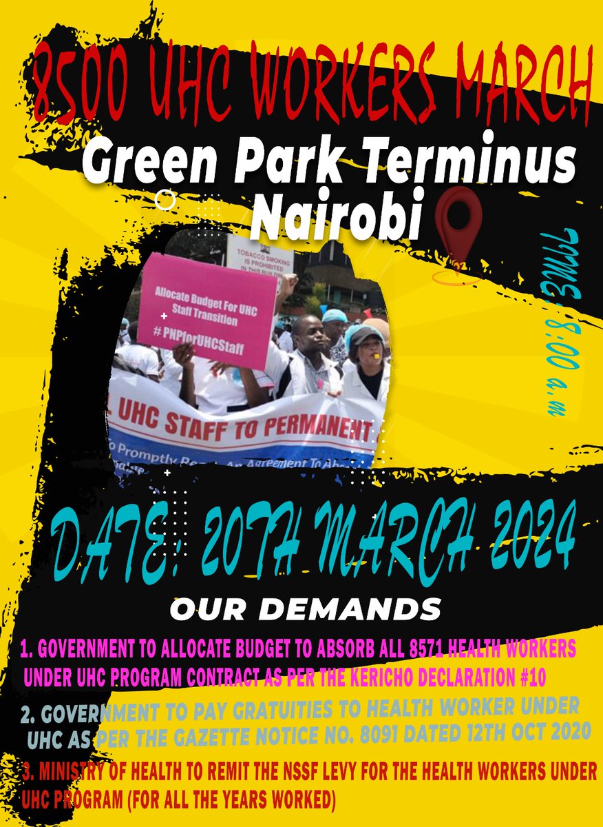 UHCWorkers_KE's tweet photo. 20th March 2024. All roads headed to Greenpark terminus. @MOH_Kenya @Nakhumicha_S @KenyaGovernors @UHCWorkers_KE @Senate_KE @NAssemblyKE @MzalendoWatch @WilliamsRuto @rigathi #PNPforUHCstaffs Address the issue of the 8571 Health workers under UHC contract across the country. https://t.co/8t1h4Sllsw