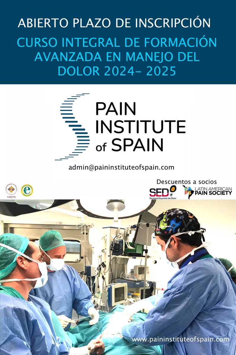 ‼️Abierto plazo de inscripción para el “Curso Integral de Formación Avanzada en Manejo del Dolor 2024-2025”. 
Curso online anual +practicas
Aval univ <a href="/AnahuacCancun/">Anáhuac Cancún</a> y créditos europeos. Descuentos xa socios <a href="/Sedolor/">Sociedad Española del Dolor</a> y LAPS.
⚠️ Plazas muy limitadas. 
admin@paininstituteofspain.com
