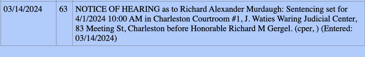 MandyMatney's tweet photo. Murdaugh news: Alex Murdaugh is scheduled for federal sentencing in front of Judge Gergel in Charleston on April 1. https://t.co/1l9DZC03fo