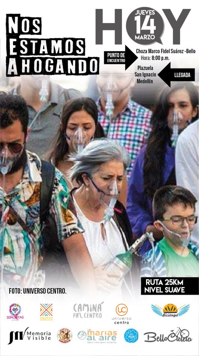 ¿Este aire es vida? No, este aire no es vida. Me muero por respirar y nos estamos ahogando 😶‍🌫️ Hoy en la Plazuela San Ignacio firmatón de colectivos ciudadanos del Valle de Aburrá y lectura del Manifiesto – Una gobernanza por el aire limpio.