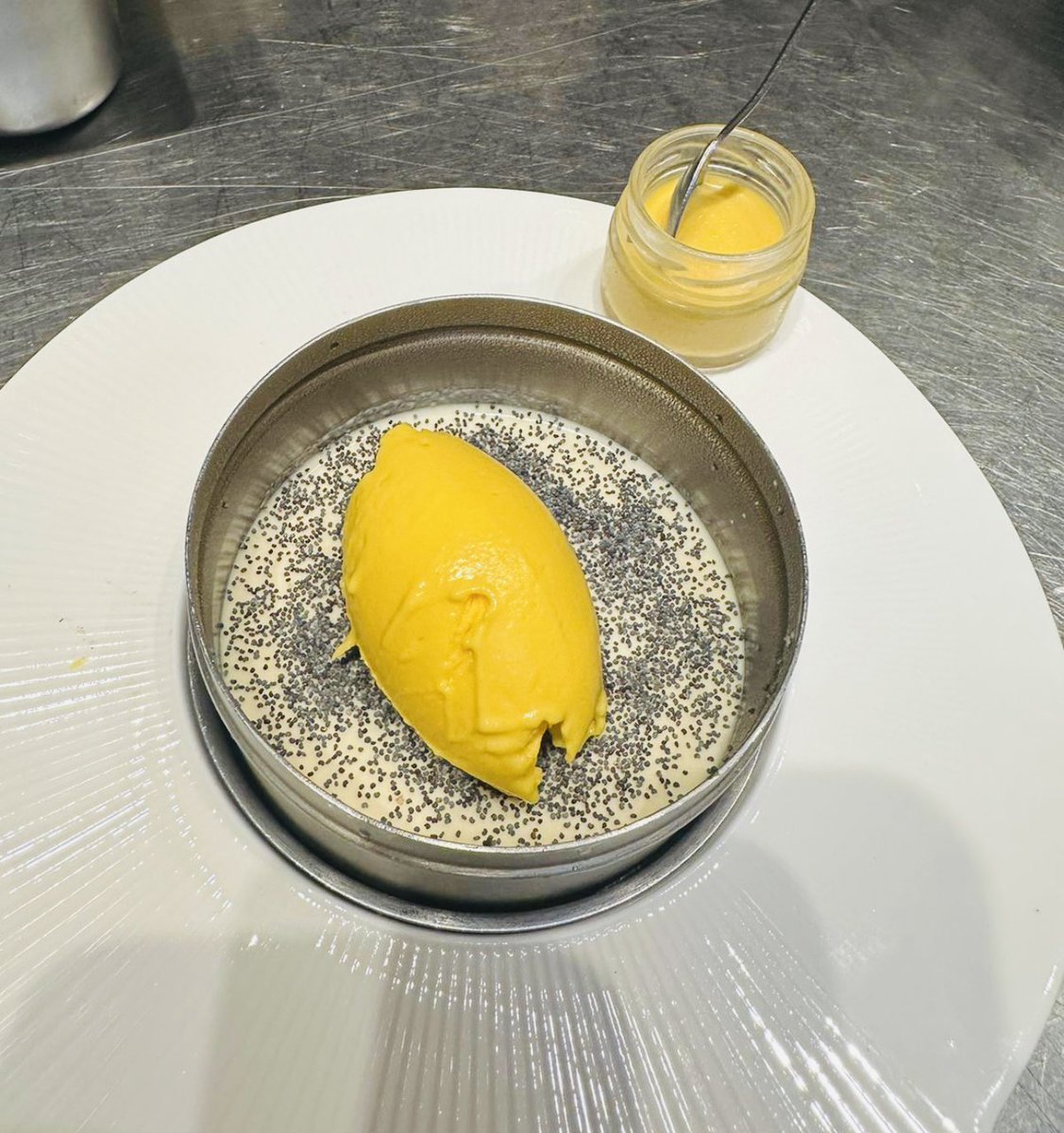 Apple crème, poppy seed, mango custard, house mango ice cream