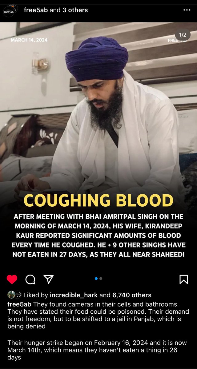 Bhai Amritpal Singh and fellow Sikhs started fasting on February 16, and today has started coughing blood. 

Their only demand is to be transferred to a jail in Punjab. 

#SikhGenocide