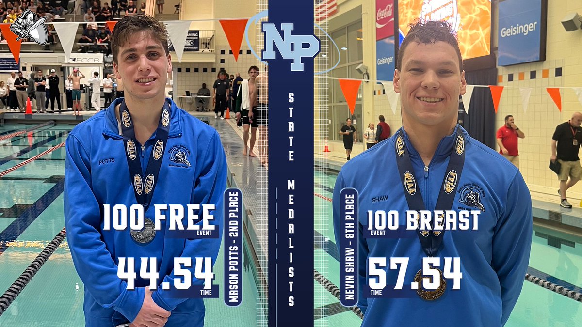 State Medalists - Mason Potts and Nevin Shaw! Mason takes 2nd in the 100 Free and sets a team record. Nevin grabs 8th in the 100 Breaststroke!