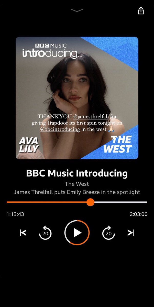 AvaLilyBrasil's tweet photo. 📲 | Ava Lily via Instagram Stories! 🥹

“obrigada @jamesthrelfall por dar a primeira rodada ("stream") do Trapdoor hoje à noite no @bbcintroduzindo no oeste 🙏🏻” https://t.co/ah0D6QLYlj