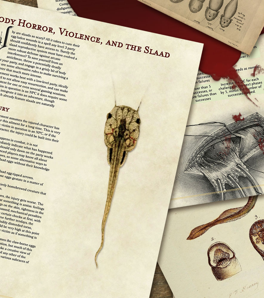 TheForgersHand's tweet photo. do you play D&amp;D? follow-up question, are you squeamish?

lesser restoration won't cut it anymore; this #dnd5e ruleset brings slaad attacks to a whole new level of horrifying! WARNING: consequences may be lethal to player characters.

https://t.co/9EwL978SWI
#gamedev #dnd #KiwiRPG https://t.co/PzPZfSd96E