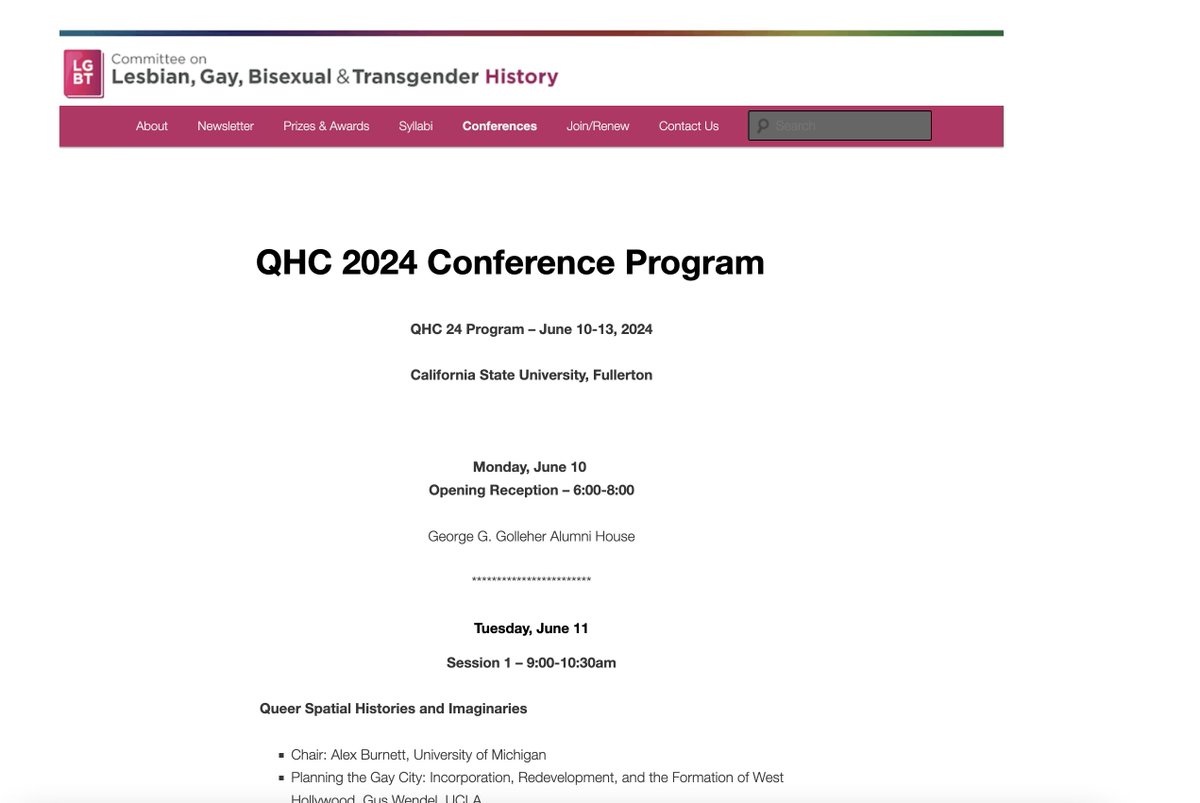 The program for the 2024 Queer History Conference, hosted by @CSUF is now live! What an awesome gathering of scholars working on global LGBTQ histories set for June! Find it here: clgbthistory.org/conferences/qu…