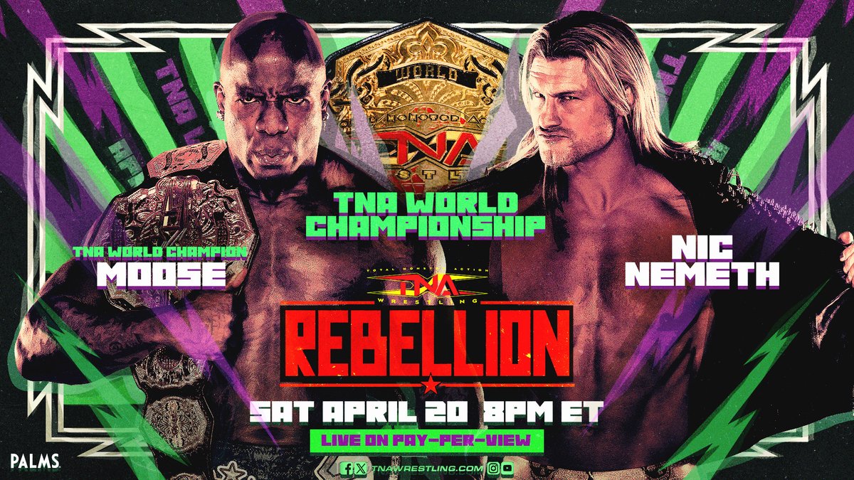 BREAKING: Following the conclusion of #TNAiMPACT, @milanmiracle has made it OFFICIAL - @TheMooseNation will defend the TNA World Championship against @NicTNemeth at #Rebellion on April 20 LIVE on PPV and TNA+ from the Palms in Las Vegas. TICKETS: ticketmaster.com/tna-wrestling-…