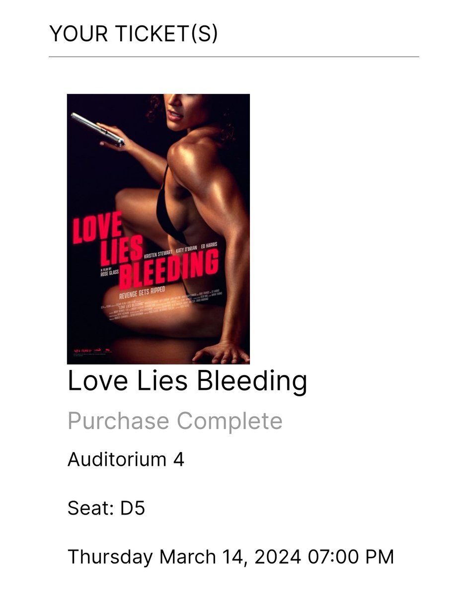 Couldn't make it to LA last week, but I finally get to see #LoveLiesBleeding tonight! #A24 Can't wait to see <a href="/thekatyo/">Katy O’Brian</a> kick ass 💪