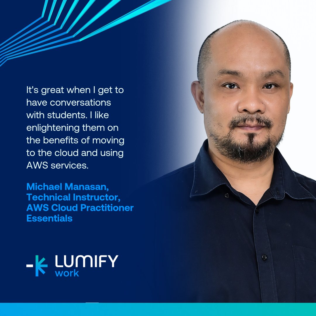 LumifyWorkPH's tweet photo. New to the cloud? The @AWS Cloud Practitioner Essentials course is your go-to!☁️ Perfect for an overview of AWS #cloudbenefits. Join technical instructor Michael Manasan in exciting conversations on #digitaltransformation! Learn more: https://t.co/IHGj7yj9lE https://t.co/MNVaIoYC11