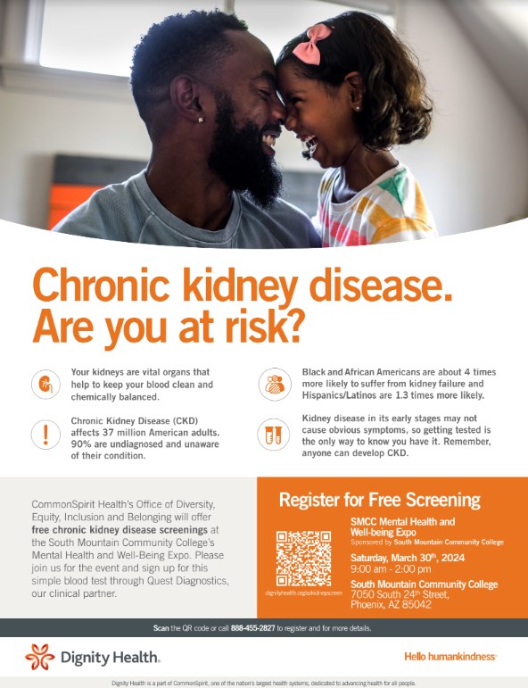 CommonSpirit Health, in partnership with Dignity Health and Quest Diagnostics, are offering free chronic kidney disease screenings on March 30 to address race-based algorithms that impact early diagnosis of chronic kidney disease.
🧡 REGISTER: dignityhlth.org/3IJi11b.