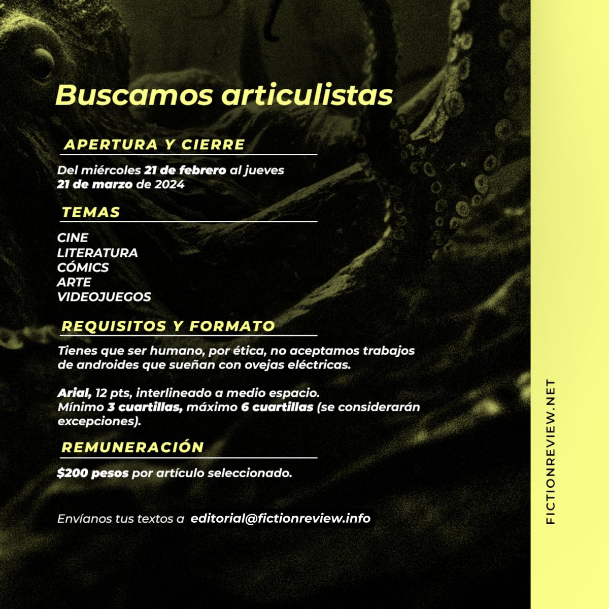 ThFictionReview's tweet photo. Ya quedan solo 7 días para recibir artículos para la convocatoria de Marzo. https://t.co/QB9SvZs5jS