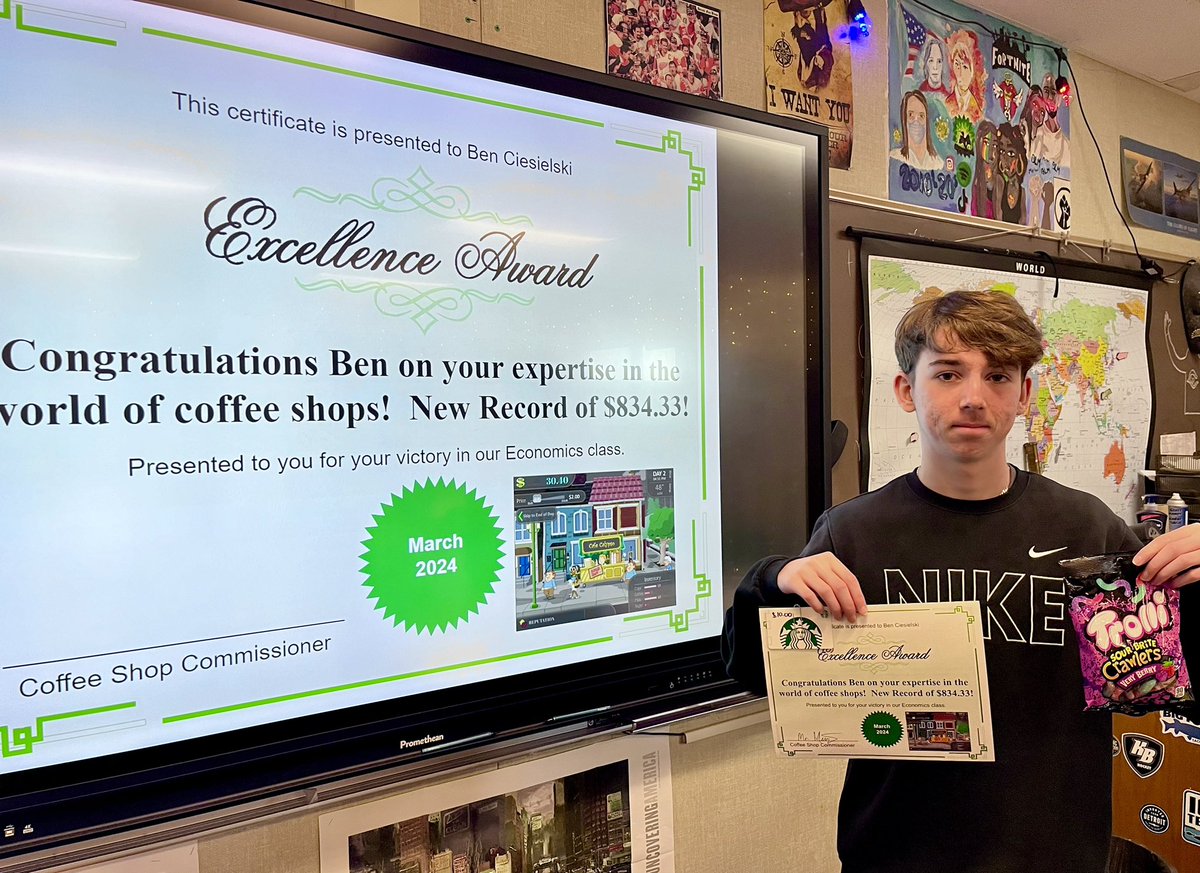 Congrats to Ben Ciesielski-Ben was our overall winner in our Supply & Demand coffee game in Econ class!!  He set a new all time record of $833.34.  His work as an expert barista  and store manager earned him a gift card to Starbucks!!  Great work Ben-  #gsdpride #marauderpride