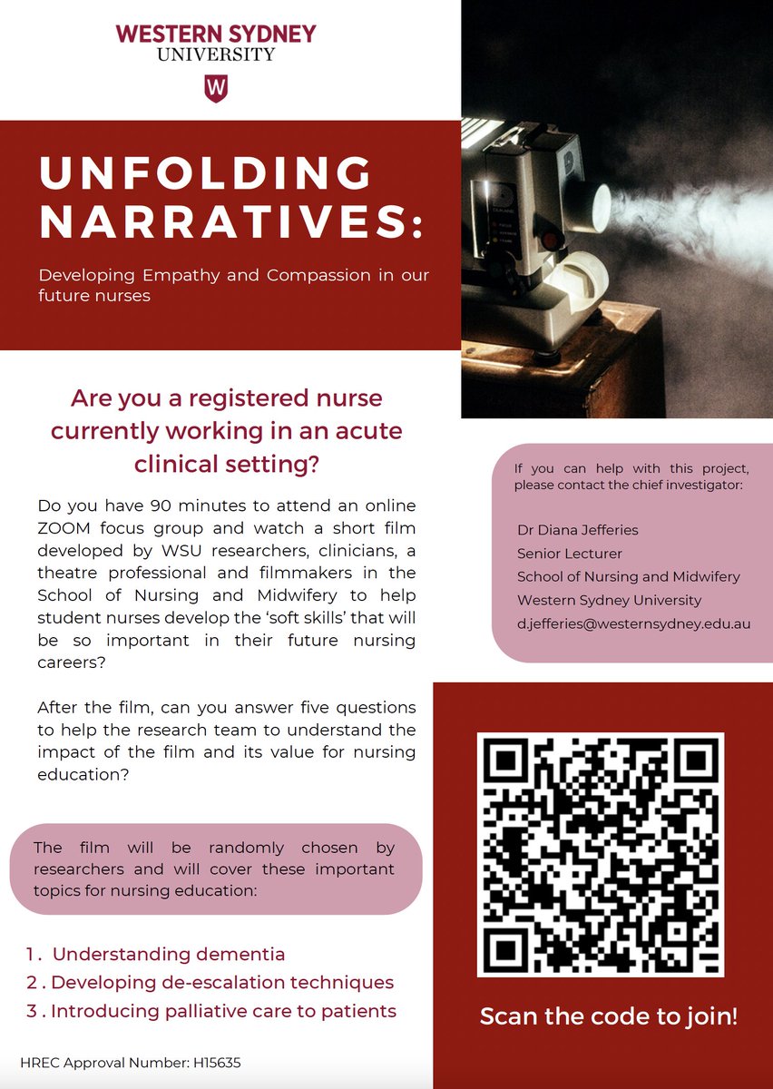 LucieRamjan's tweet photo. Looking for RN's working in an acute care setting to find out what they think about our films for UG nursing students to support #empathy and #compassion. Please scan the QR code if interested in finding out more. Please retweet :) https://t.co/nWGu20aXqn