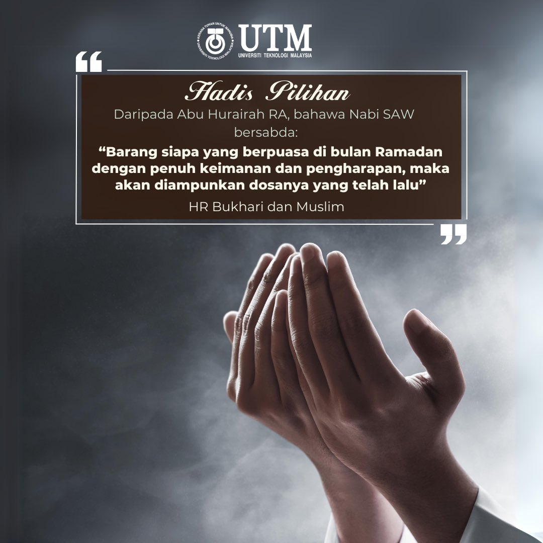 Marilah kita merebut segala peluang yang ada dalam bulan mulia ini, di mana Allah SWT mengurniakan rahmat, pahala dan keampunan-Nya sepanjang Ramadan berbanding bulan-bulan yang lain. #HadisPilihanMingguIni #UniversitiTeknologiMalaysia #KeranaTuhanUntukManusia