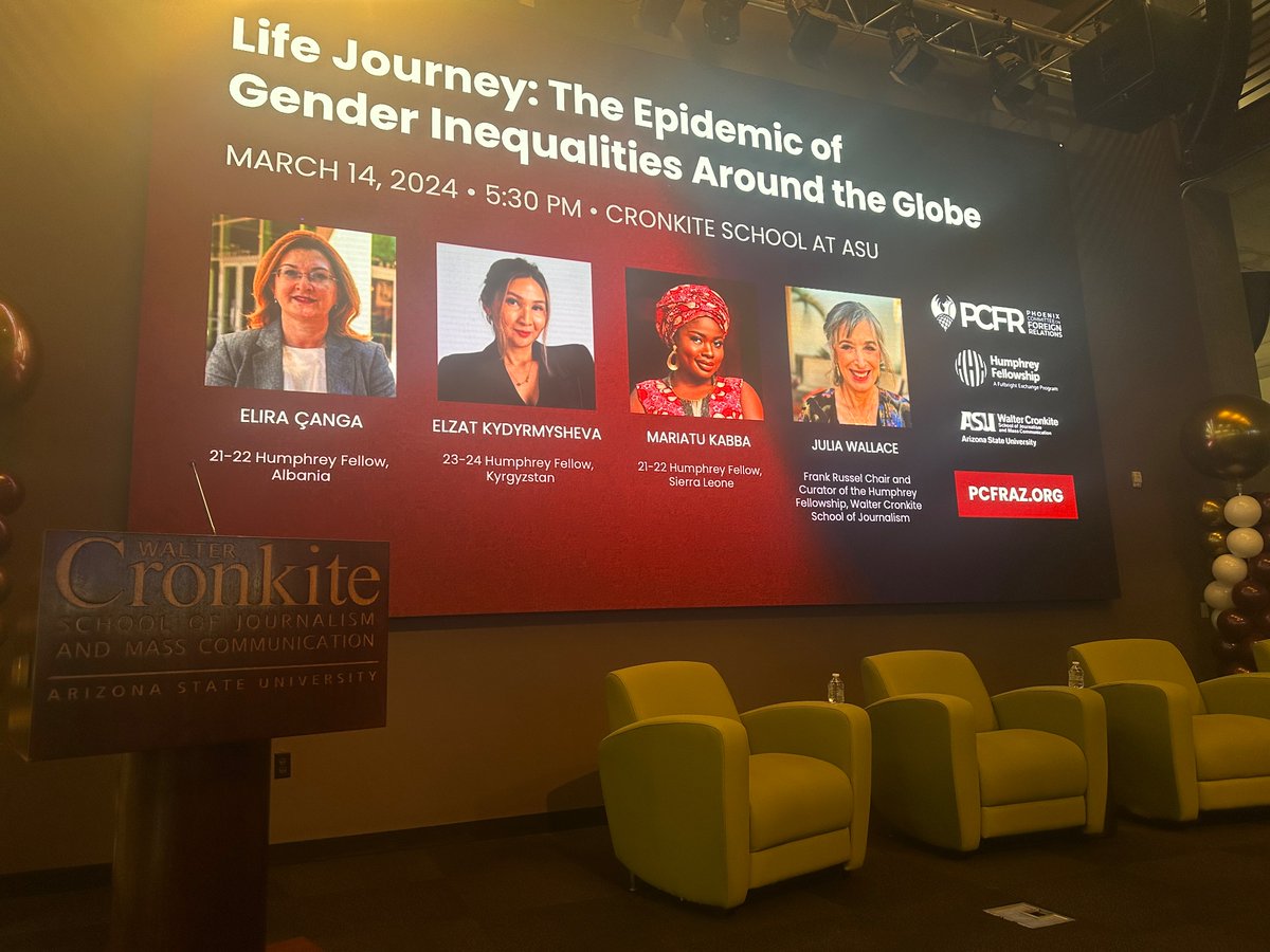 Tonight at 5:30 pm the event #Life Journey: The Epidemic of Gender Inequities Around the Globe will be held in the First Amendment Forum at ASU’s Cronkite school to discuss gender inequality. Elira Canga, 
Elzat Kydyrmysheva, Mariatu Kabba, and Julia Wallace are the speakers.