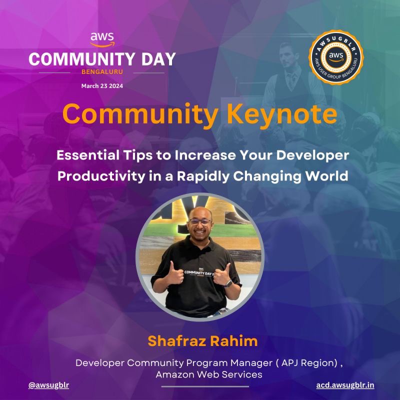 Shafraz Rahim (available only on linkedin) (@shafjag) on Twitter photo I’m truly honored to be speaking at one of the prominent tech epicenters of northern hemisphere, Bengaluru.
Looking forward to meeting you all at AWS User Group Bengaluru’s Community Day.
More details about the event 👉 acd.awsugblr.in
<a href="/awsdevelopers/">AWS Developers</a> <a href="/AWSCloudIndia/">AWS Cloud India</a> I’m truly honored to be speaking at one of the prominent tech epicenters of northern hemisphere, Bengaluru.
Looking forward to meeting you all at AWS User Group Bengaluru’s Community Day.
More details about the event 👉 acd.awsugblr.in
<a href="/awsdevelopers/">AWS Developers</a> <a href="/AWSCloudIndia/">AWS Cloud India</a>