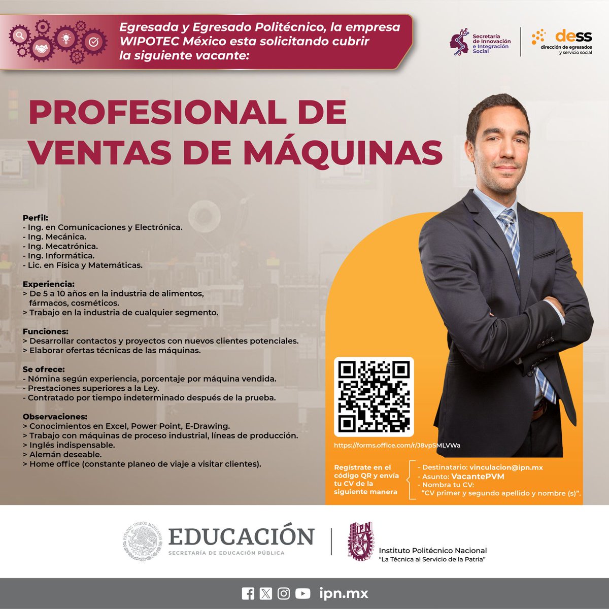 siboltra's tweet photo. Egresada y Egresado de la #ComunidadPolitécnica, la @SIIS_IPN y su @IPN_DESS, te invitan a postularte. 😉

📣¡Oportunidad laboral, de la empresa #WIPOTEC para 𝗣𝗿𝗼𝗳𝗲𝘀𝗶𝗼𝗻𝗮𝗹 𝗱𝗲 𝗩𝗲𝗻𝘁𝗮𝘀 𝗱𝗲 𝗠𝗮𝗾𝘂𝗶𝗻𝗮𝘀!

¡Regístrate!👇
https://t.co/Sb3DFl6zun https://t.co/8ae74xt614