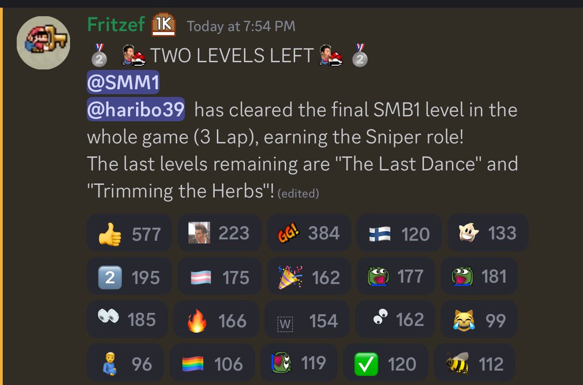 UtsukushiPear's tweet photo. 2 Levels left in Mario Maker 1 that are unbeaten before the server shutdown next month. Last 2 levels are crazy difficult with one of them having around 80k attempts. Great stuff from the community. https://t.co/Ix8Eou6QFn