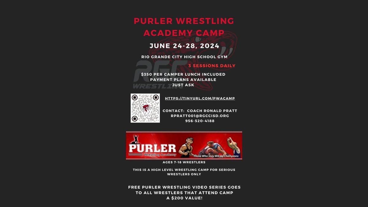 rgcwrestling's tweet photo. Purler Camp coming back to RGC this summer!  Get registered today.  Payment plans available if you cannot pay in full today.  Just ask.  We want to fill the gym this summer and get everyone better!

Scan the QR code to get started or go to https://t.co/DfZokUyfWN https://t.co/sObZuf59Wb