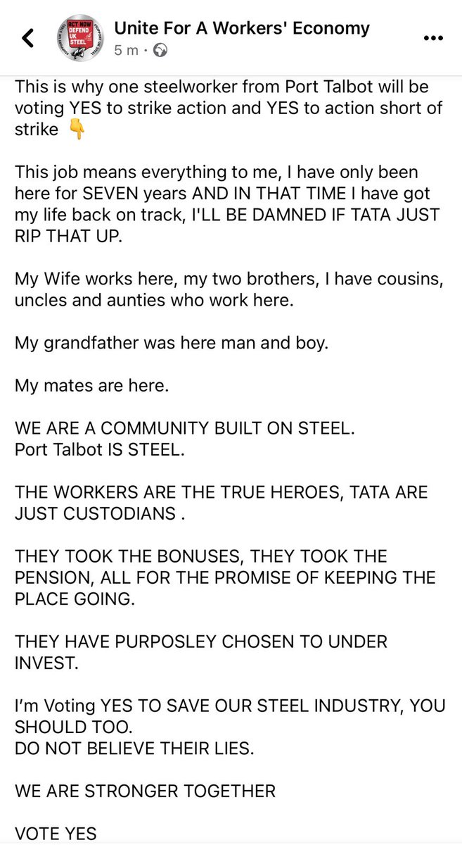 NevilleSouthall's tweet photo. Let's show the steelworkers of South Wales some support! They are voting to strike, this is why one steelworker will be voting YES 👏

Sign the @UniteEconomy petition: https://t.co/8X5AjssKDg https://t.co/wkJoEOsbVF