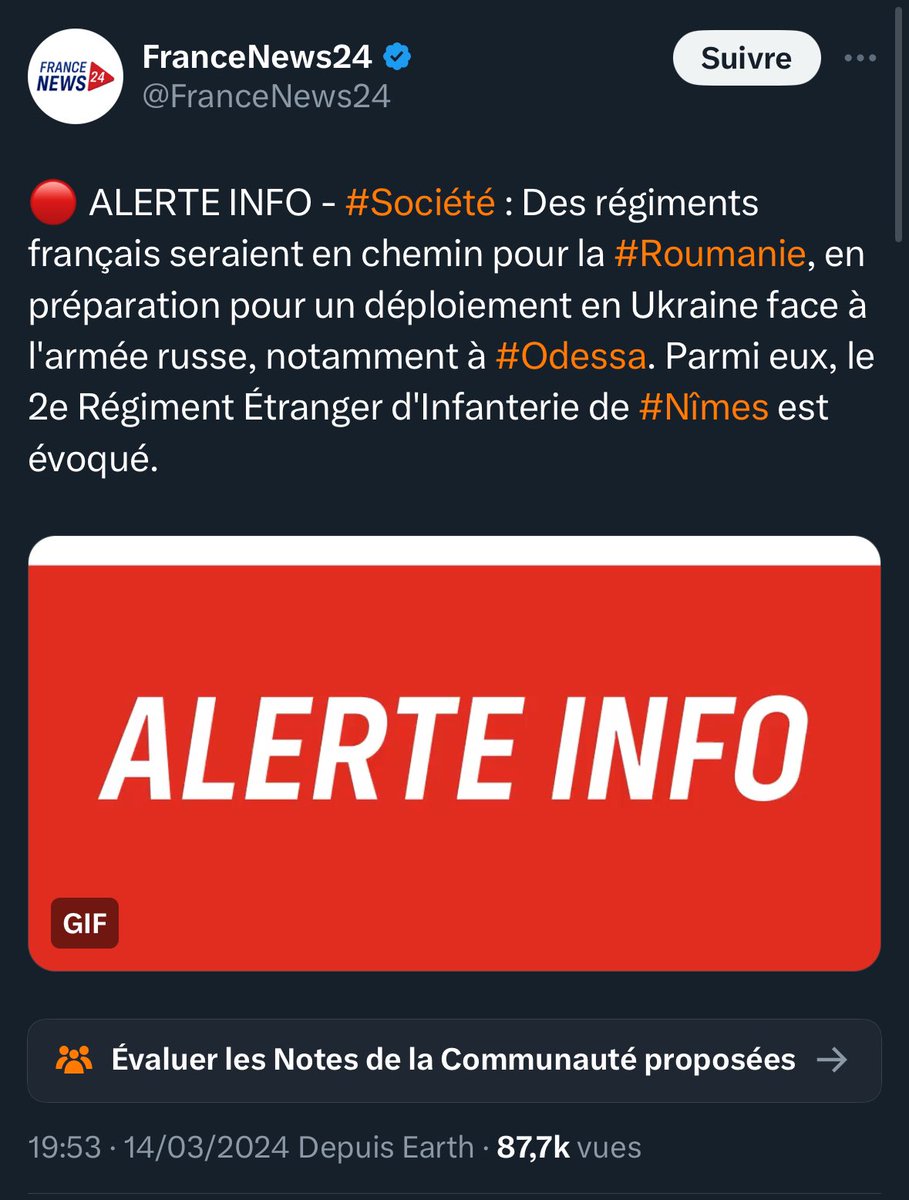 IMPORTANT 🇫🇷 🇺🇦 : 

This account is saying that 2REI foreign legion regiment (an others) is allegedly sent to Romania for a deployment to Odesa. 

This information is absolutely FALSE and there’s no official information about it.