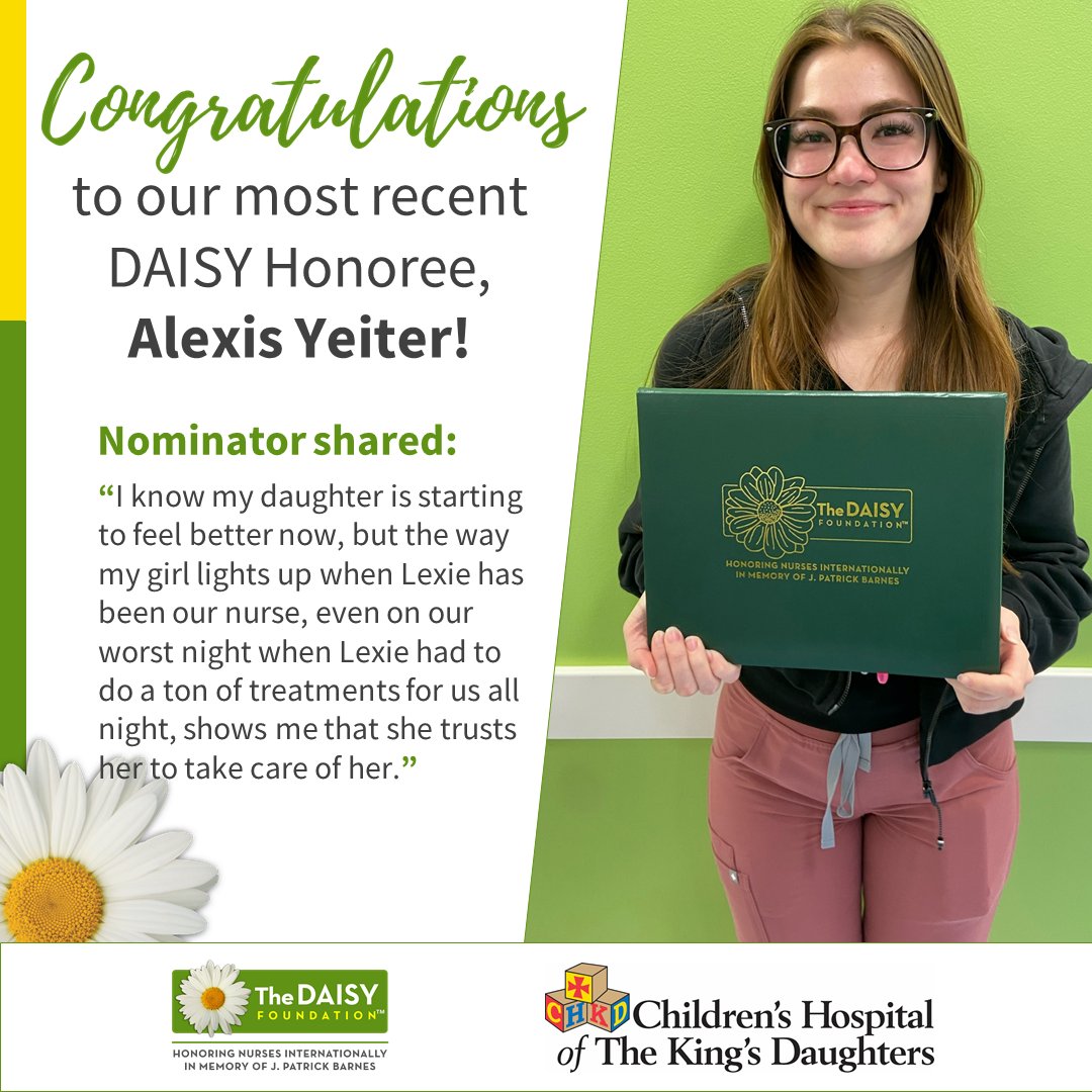 Upon receiving the #DAISYAward, Alexis said, 'I’ve always wanted to make a difference in the lives of families and children battling cancer.' 🌼💚 Read more at bit.ly/3ItEtvk. #CHKD #PediatricNurse