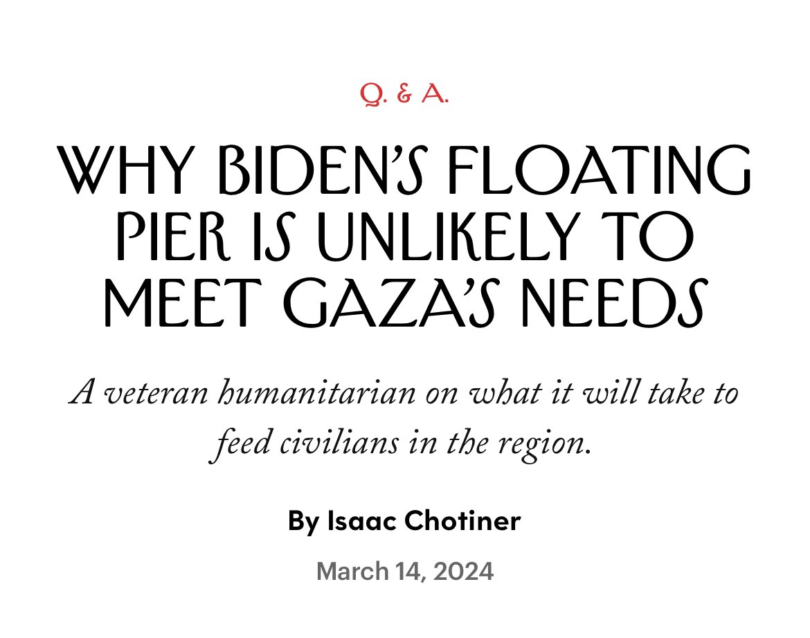 New Interview: I talked to the veteran humanitarian Sean Carroll about why Biden’s pier idea is likely to be insufficient, how Carroll’s staff in Gaza is trying to provide food for starving families, & his employee who was killed in an Israeli bombing. newyorker.com/news/q-and-a/w…