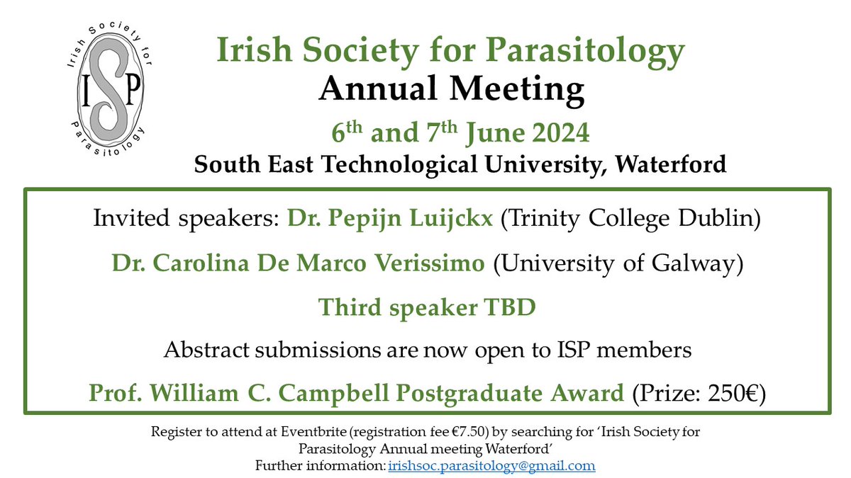 Announcing ISP meeting 2024 in Waterford.
Register here: eventbrite.ie/e/irish-societ…
Abstract submission from members here: docs.google.com/forms/d/e/1FAI…
We look forward to catching up with you all!!