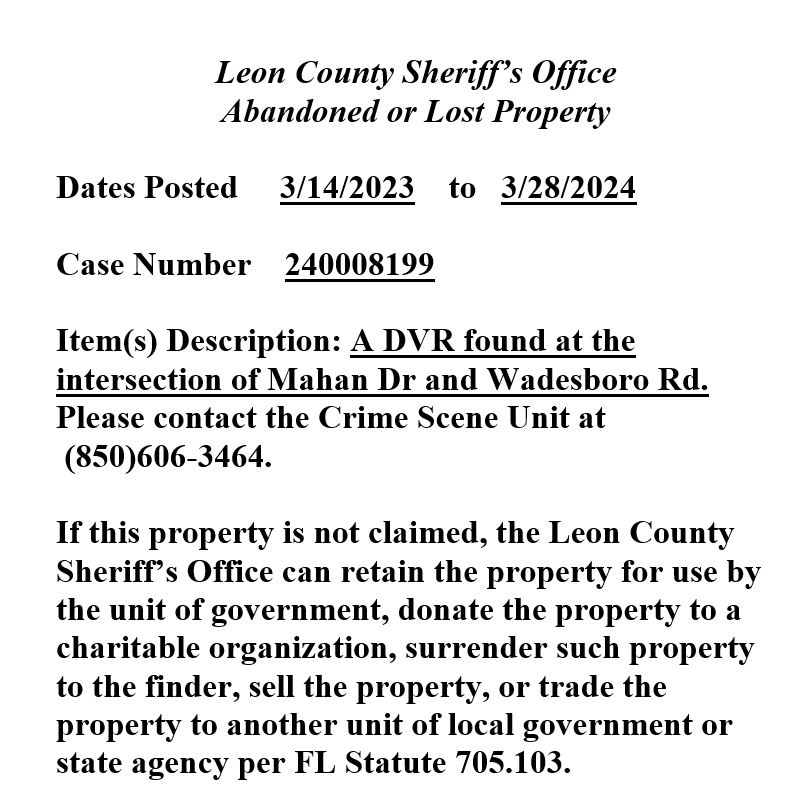 FOUND PROPERTY NOTICE: Must be claimed by the end of the business day on March 28th, 2024.