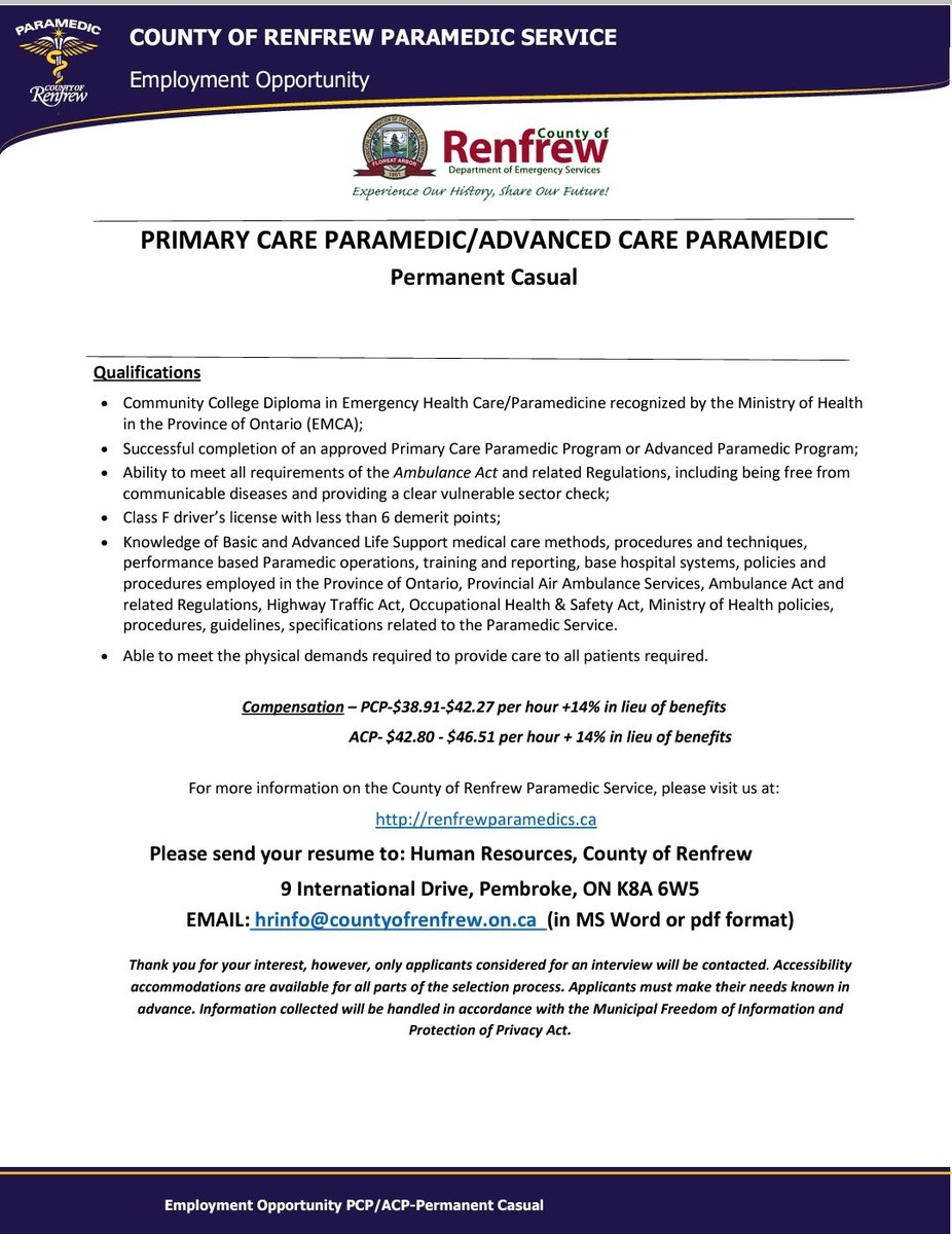 Dave Libby (@1davelibby) on Twitter photo We are looking for Paramedics! In <a href="/RenfrewCounty/">County of Renfrew</a> Advanced and Primary Care spots available. Apply with <a href="/RenCtyParamedic/">County of Renfrew Paramedic Service</a> here:curos.ca/curos/COR2302/âŠ
<a href="/ChiefMNolan/">ChiefMNolan</a> We are looking for Paramedics! In <a href="/RenfrewCounty/">County of Renfrew</a> Advanced and Primary Care spots available. Apply with <a href="/RenCtyParamedic/">County of Renfrew Paramedic Service</a> here:curos.ca/curos/COR2302/âŠ
<a href="/ChiefMNolan/">ChiefMNolan</a>