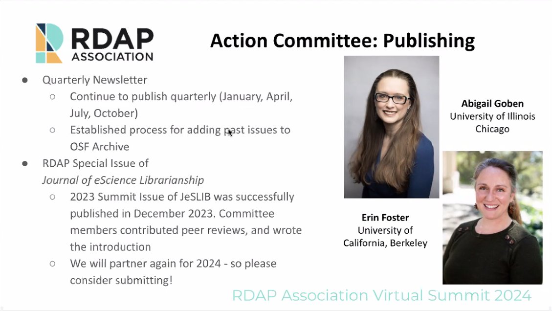 Another wonderful @RDAPassn Summit! 👏🏼 Don't forget to submit to the #RDAP24 Special Issue! @erdifo and @hedgielib highlighted the Publishing Action Committee and the wonderful work they do to support the issue. Thanks to the whole committee for your leadership! 💯