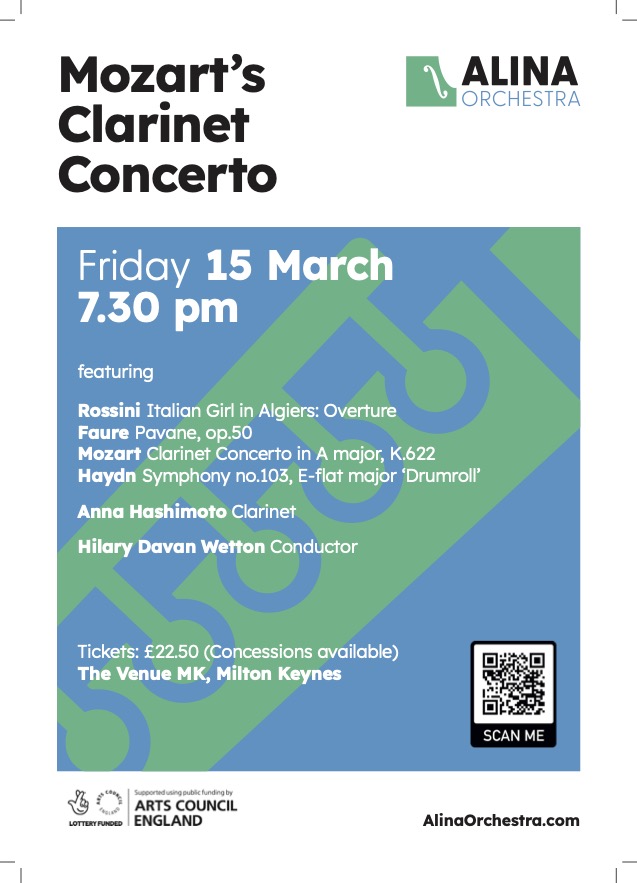 A lovely programme in @TheVenueMK tomorrow evening: Mozart Clarinet with the inspiriting <a href="/AnnaHashimoto/">Japa✨🏳️‍🌈</a> and Haydn 103 - for me his greatest Symphony - with <a href="/alina_orchestra/">Alina_Orchestra</a>. A few tickets available at the door; do come!
