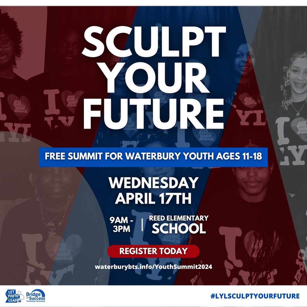 Calling all young change makers! 🚀 Unlock your potential at the 'Sculpt Your Future' Youth Summit in Waterbury!
Ages 11-18, it's your time to shine at Reed Elementary School on April 17th. ✨

Register today: waterburybts.info/YouthSummit2024

#Waterbury #Connecticut #MentalHealth
