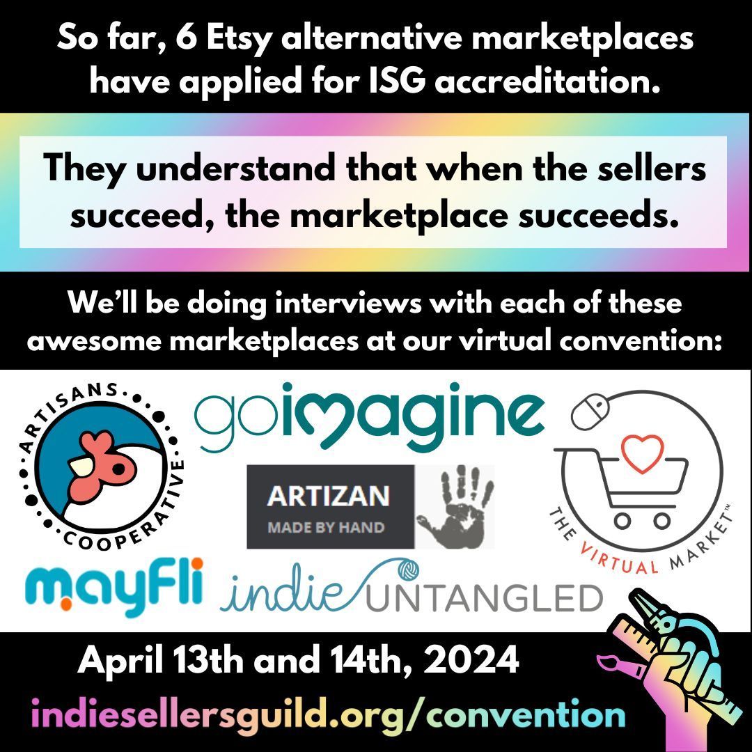 IndieSellersGld's tweet photo. Want to leave Etsy but don’t know where to go? We'll be doing live interviews of marketplaces that have signed up for ISG accreditation at our convention in April.
https://t.co/zAb0UPo2dp
#ISGconvention #betterinternet #supporthandmade #etsyalternatives #handmademovement https://t.co/exv9Vblfbx