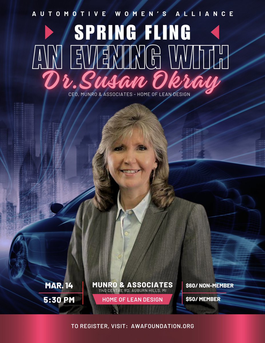 🌺 Spring is in the air! We are beyond excited about our unique event tonight with the one and only Dr. Sue Okray of Munro & Associates - home of Lean Design! We look forward to seeing you there!

#womeninautomotive #womensupportingwomen #cars #electricvehicles