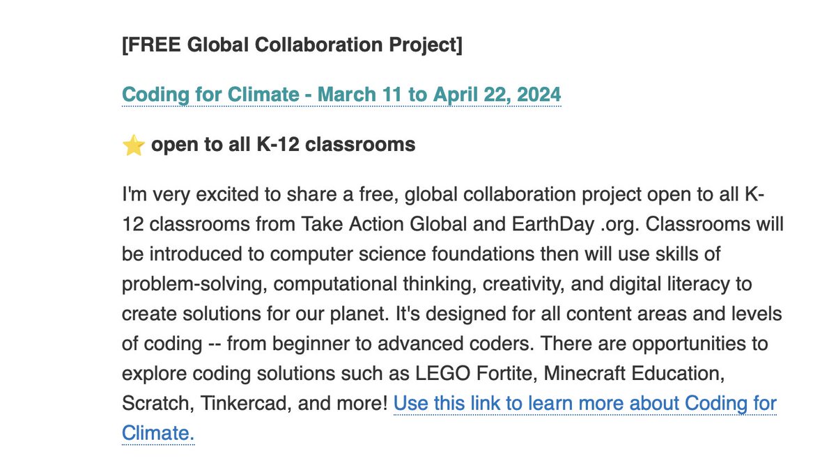 Love seeing #Coding4Climate shared in the ClassTechTips newsletter! Thanks, @ClassTechTips! Learn more: coding4climate.org @TakeActionEdu @EarthDay