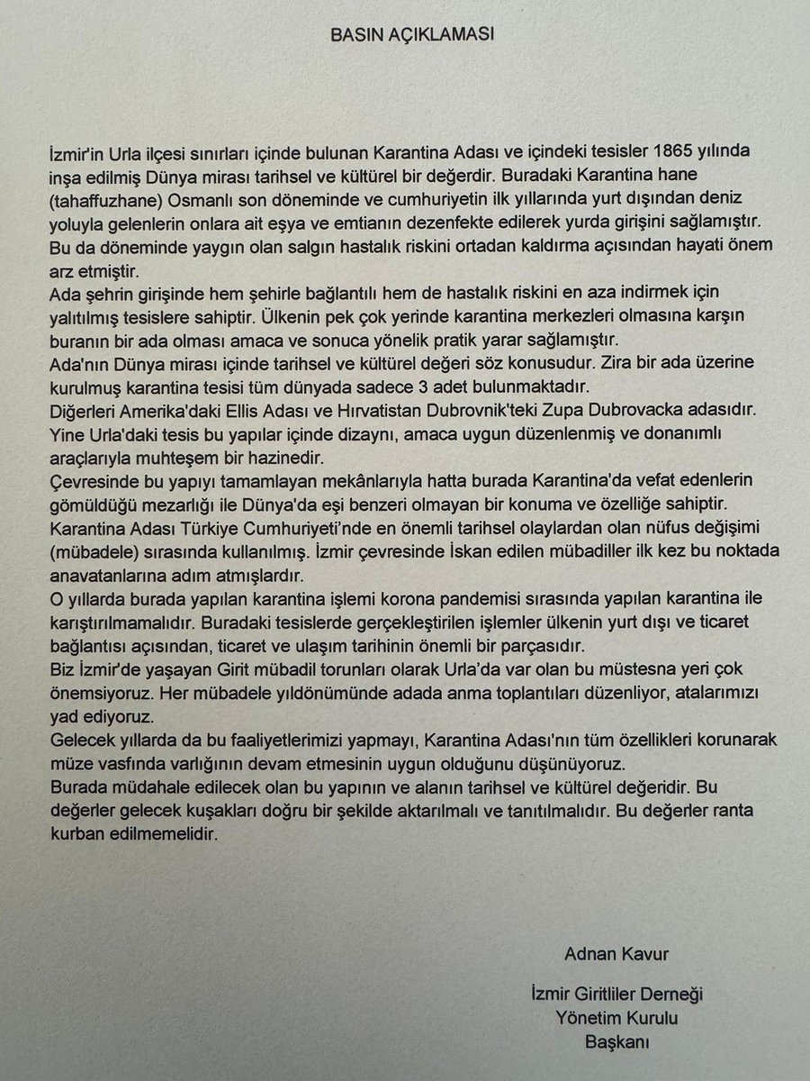 Hamza Dağ'ın seçim  kampanyası kapsamında
 ' Urla Karantina Adasının ' ranta açılıp  tesis haline getirilmesine yönelik projeye ilişkin; İzmir Giritliler Derneğinin basın açıklaması ektedir. 
#HamzaDağ #izbb