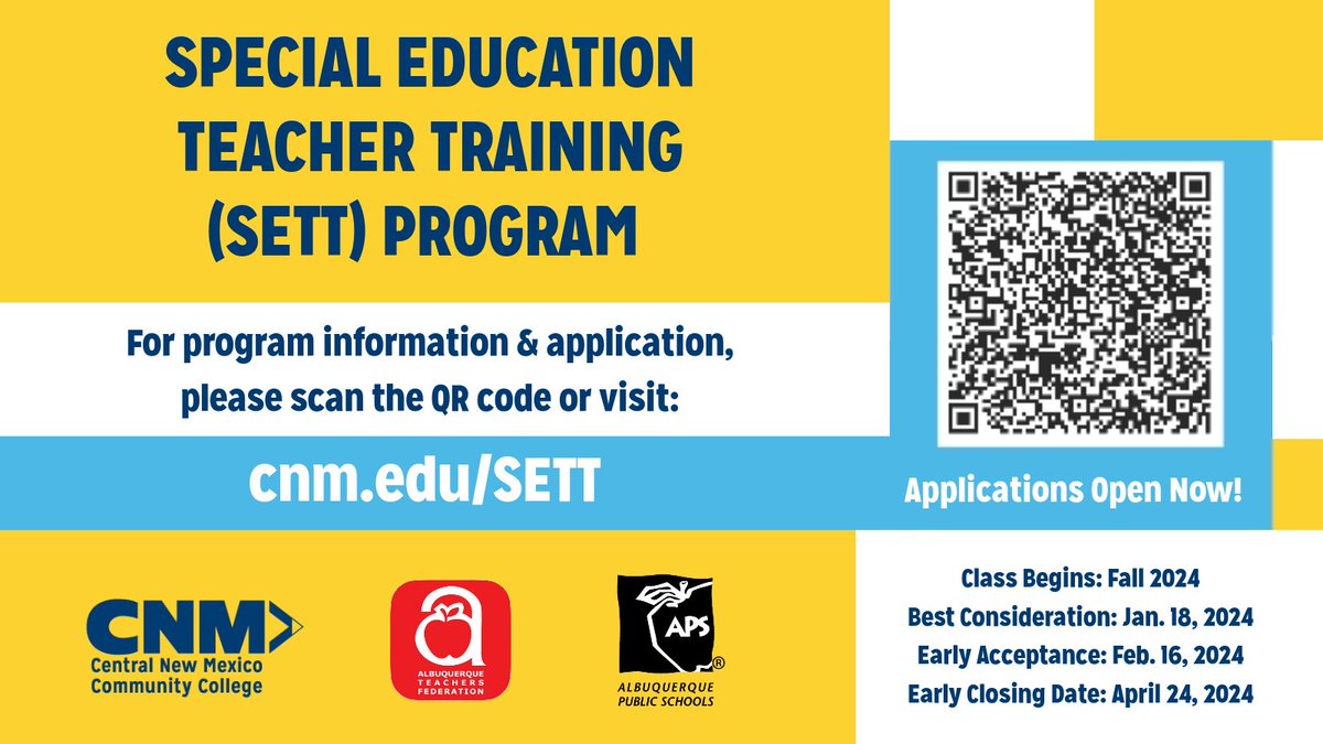 The Special Education Teacher Training (SETT) Program is a post baccalaureate alternative teacher training pathway for NM residents interested in becoming a Special Education Teacher in APS. Applications are open! Scan the QR codebelow for more information. <a href="/ABQschools/">Albuquerque Public Schools</a>