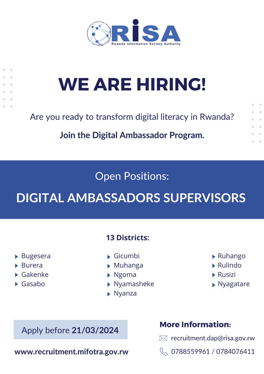 RISARwanda's tweet photo. Exciting opportunities!  
#RISA is hiring Digital Ambassador Supervisors #DAS to join our team!  Are you ready to drive #Rwanda's #Digitisation Journey and make an impact to the society?   
Apply before March 2⃣1⃣
 via https://t.co/ErOPAWBAQ8 https://t.co/3tQES67KZs
