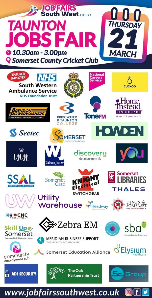 JobsSouthWest.co.uk (@somersetjob) on Twitter photo Hereās the lineup for the Taunton Jobs Fair on March 21st 2024. 
#Tauntonjobsfair #somersetjobs Hereās the lineup for the Taunton Jobs Fair on March 21st 2024. 
#Tauntonjobsfair #somersetjobs