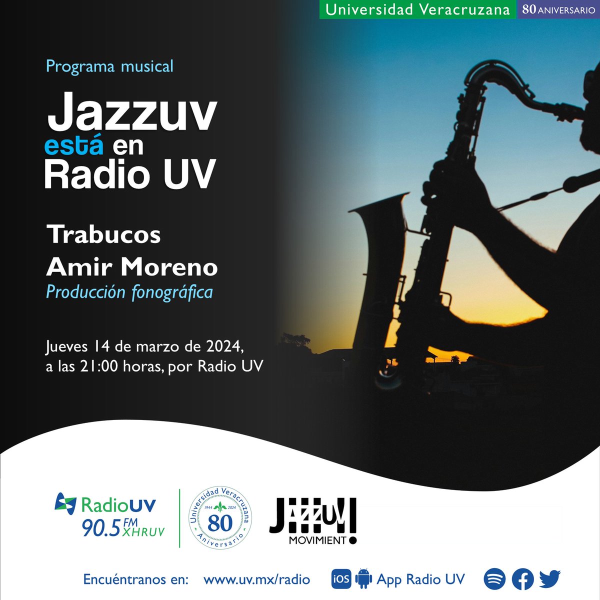 ¡Jazzuv está en Radio UV! 🎷🎼 A partir de hoy, disfruta la producción fonográfica de creadoras y creadores del @centrojazzuv. Comenzamos disfrutando la propuesta musical de “Trabucos”, seguido de “Amir Moreno'. 👉🏻Estreno: 21:00 horas, a través del 90.5 FM